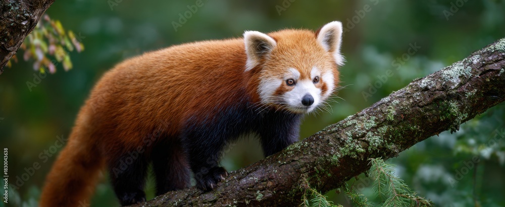 Fototapeta premium Red panda scrambling up a tree limb in a natural woodland setting