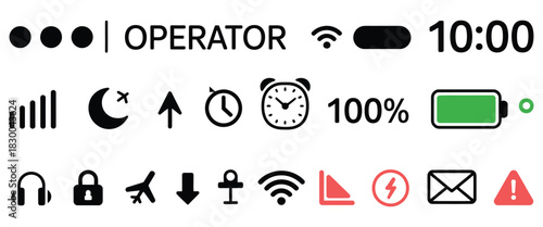 Mobile icons, GUI design set, status bar icons, battery life icons, status bar icon set, smartphone interface graphics, app UI elements, digital device symbols, phone and tablet vector illustrations, 