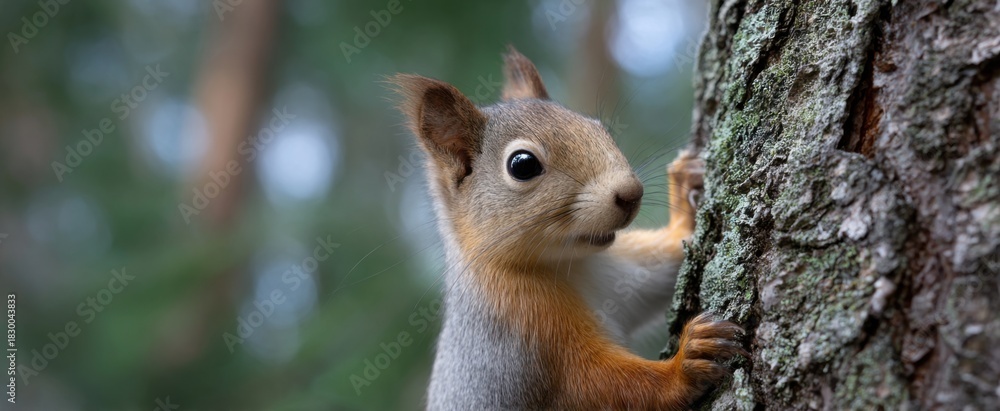 Obraz premium Squirrel ascending rough bark within its natural forest habitat.