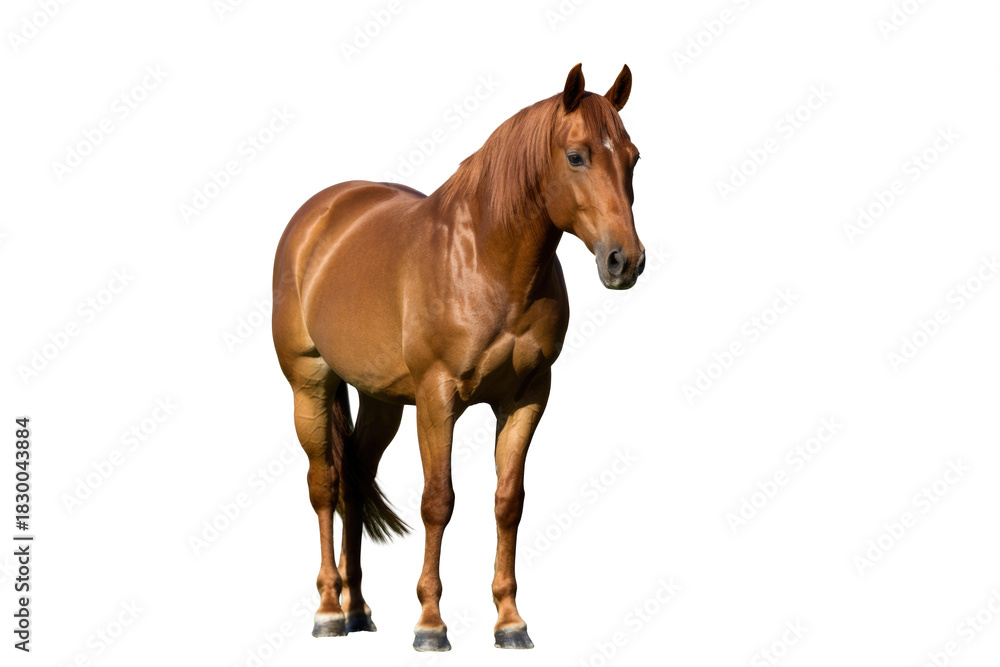 Obraz premium A stunning chestnut horse with a white blaze stands gracefully, showcasing its muscular build and elegant posture on a transparent background. background removed