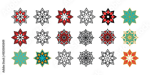 A clean geometric Islamic star rosette mandala pattern icon set featuring bold line art and red accent variations for decorative vector design.