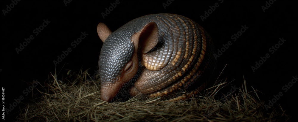 Fototapeta premium The armadillo curled up compactly adopting a defensive posture.