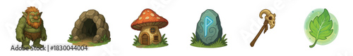 Set of six cartoon fantasy icons including a troll, cave, mushroom house, runestone, staff, and leaf, designed as game assets
