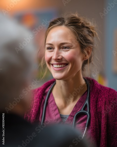 Smiling healthcare professional engaging with elderly patient in warm and caring environment