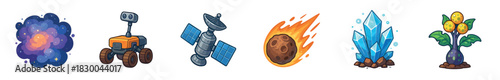 Set of colorful cartoon space exploration icons featuring a vibrant nebula, planetary rover, satellite, flaming meteor, blue crystal, and alien plant