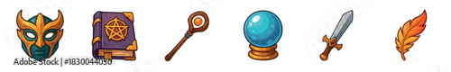 Set of colorful cartoon fantasy game icons including a horned mask, spellbook, wizard staff, crystal ball, sword, and feather,