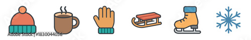 Set of six colorful winter icons including a hat, hot drink, glove, sled, ice skate, and snowflake in a simple flat outline style
