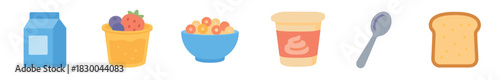 Collection of colorful breakfast food icons including milk, fruit, cereal, yogurt, spoon, and bread in a flat vector