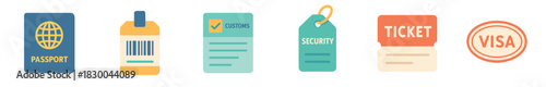 Set of colorful flat travel icons including a passport, ticket, visa stamp, customs form, and luggage tags for airport and tourism concepts