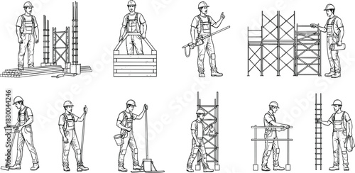 Construction worker silhouette illustration set, site activity icons, safety gear poses, building task vector, labor graphic design bundle