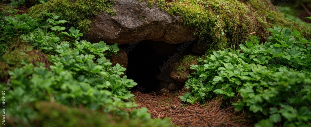 Fototapeta premium The entrance of a fox den nestled in wild plants and natural foliage.