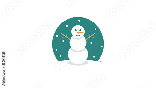 A cheerful cartoon snowman with twig arms and a carrot nose stands against a vibrant green background with falling snowflakes