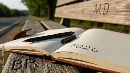 Open Journal on Park Bench with Pen and 2026 — New Beginnings and Planning Concept