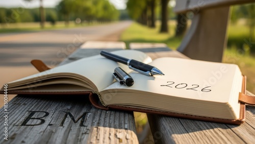 Open Journal on Park Bench with Pen and 2026 — New Beginnings and Planning Concept