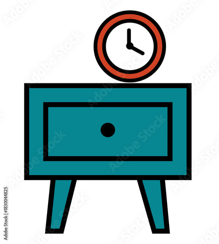 Simple flat design illustration of a teal bedside table with a single drawer and a round clock on top against a black background