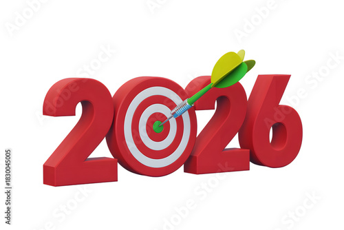 Dart hitting 2026 target representing future goals and successful achievement on transparent background