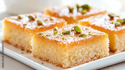 Basbousa Delight: A close-up shot showcases four golden squares of basbousa, adorned with a delicate dusting of sugar and vibrant green pistachio, perfect treat.