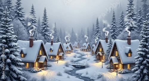 Cozy winter village with snow-covered cottages and smokestacks  