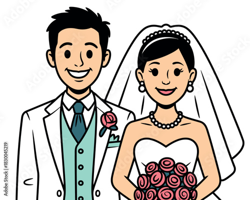 A smiling couple in wedding attire stands together, with the bride holding a bouquet of roses.