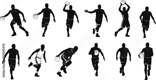 Basketball player silhouette set, dribble jump shoot poses, athletic motion icons, sport vector bundle, graphic action design pack