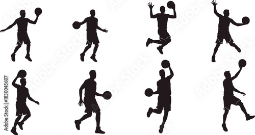 Basketball player silhouette set, dribble shoot dunk poses, athletic motion icons, sport vector bundle, graphic action design pack