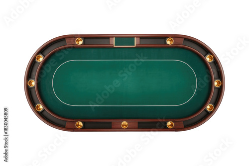 Overhead view of an empty green felt poker table with a wooden rail, gold cup holders, and chip trays, isolated. background removed