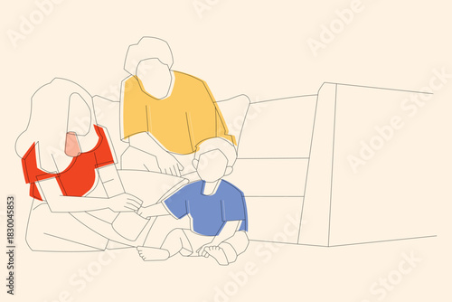 Vector illustration of a family sitting together in minimalist line art, showing bonding and togetherness.