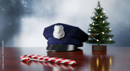 Holiday season for law enforcement, featuring a police cap, a small decorated Christmas tree, and a candy cane on a reflective wooden surface.