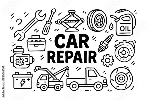 Car repair doodle illustration — auto mechanic tools, parts, and service vehicles — stock vector.