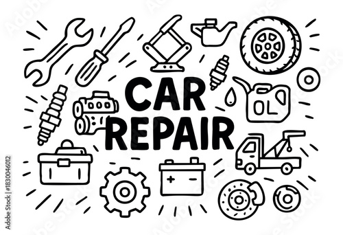 Car repair doodle illustration — auto mechanic tools, parts, and service vehicles — stock vector.