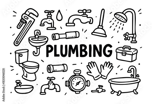Plumbing doodle illustration — plumber tools and bathroom fixtures — stock vector.