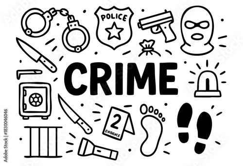 Crime doodle illustration — police, evidence, and law enforcement elements — stock vector.