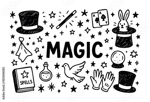 Magic doodle illustration — illusionist, show, and fantasy elements — stock vector.