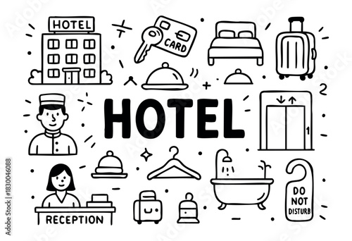 Hotel doodle illustration — accommodation and hospitality service items — stock vector.