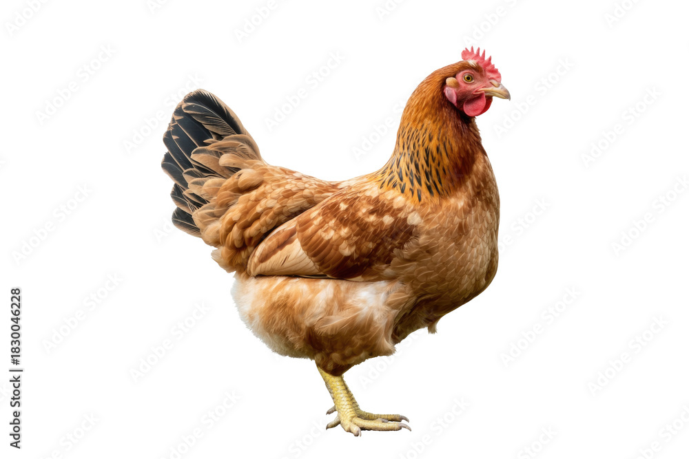 Fototapeta premium A beautiful brown domestic hen with a red comb and wattle, standing gracefully, isolated against a solid transparent background. background removed