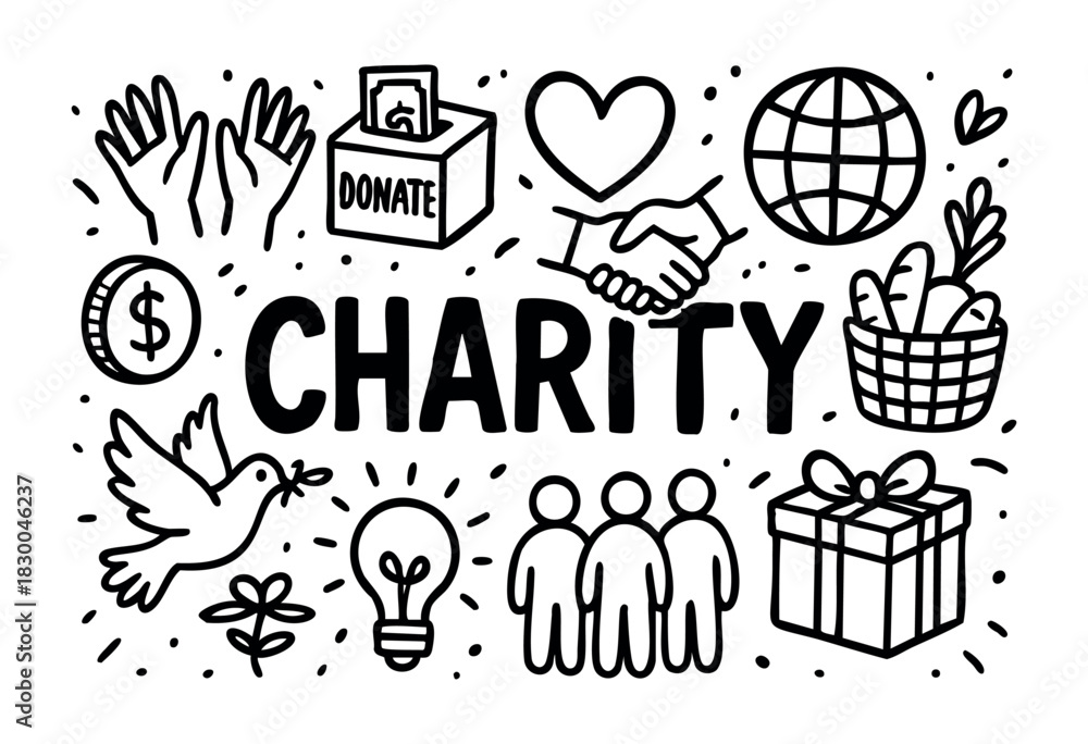 Naklejka premium Charity doodle illustration — donation box, helping hands, and other support symbols — stock vector.