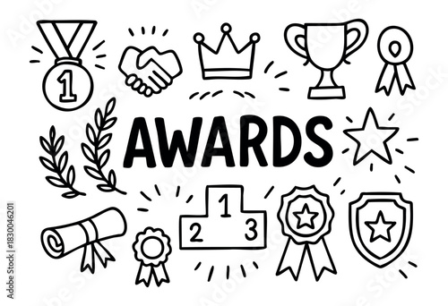 Awards and victory doodle illustration — trophy, medal, and other achievement symbols — stock vector.