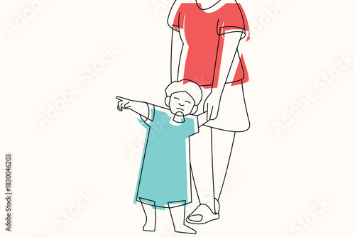 Vector illustration of adult and child in minimalist line art, showing interaction and guidance with stylized colors.