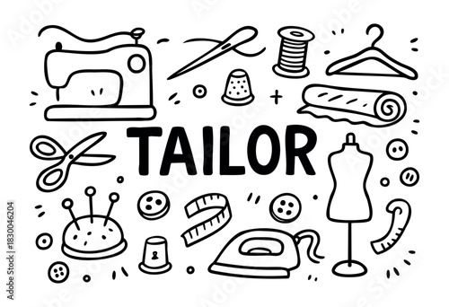 Tailor and sewing doodle illustration — sewing machine, scissors, and other craft items — stock vector.