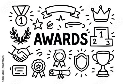 Awards and victory doodle illustration — trophy, medal, and other achievement symbols — stock vector.