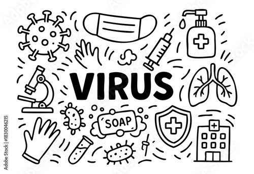 Virus and pandemic doodle illustration — coronavirus, face mask, and other prevention items — stock vector.