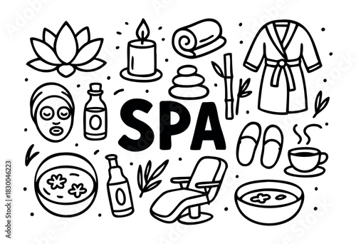 Spa and wellness doodle illustration — massage, hot stones, and other relaxation items — stock vector.