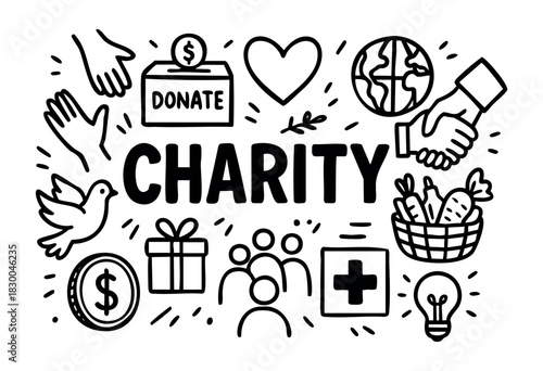 Charity doodle illustration — donation box, helping hands, and other support symbols — stock vector.
