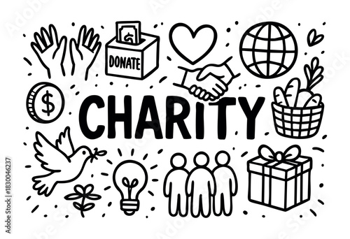 Charity doodle illustration — donation box, helping hands, and other support symbols — stock vector.