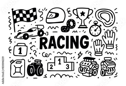 Racing doodle illustration — race car, checkered flag, podium, and other motorsport elements — stock vector.