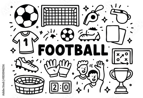 Football (soccer) doodle illustration — ball, goal, players, and other game elements — stock vector.
