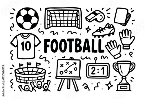 Football (soccer) doodle illustration — ball, goal, players, and other game elements — stock vector.