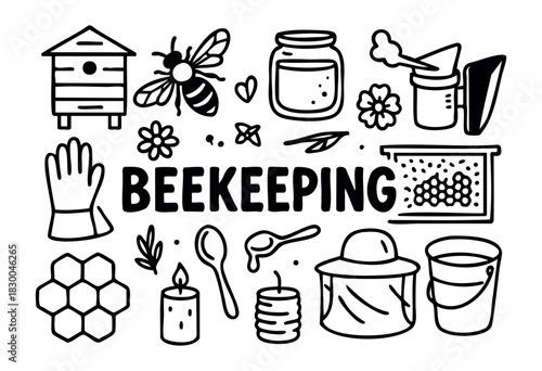 Beekeeping doodle illustration — beehive, honey, and other apiary elements — stock vector.