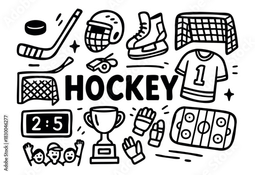 Hockey doodle illustration — stick, puck, skates, and other ice hockey elements — stock vector.