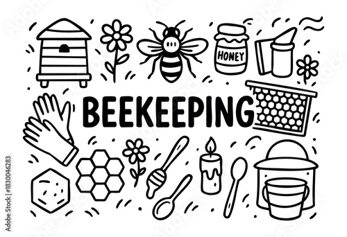 Beekeeping doodle illustration — beehive, honey, and other apiary elements — stock vector.